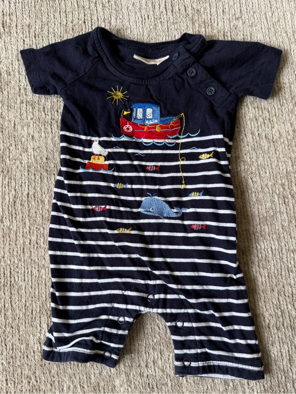 JoJo Maman Bébé Nautical Boat Embroidered Baby Romper 3-6 Months